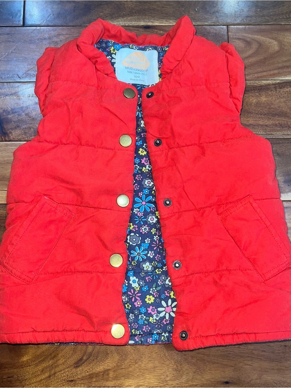Mud Kingdom Girls 3T Red Puffer Vest Floral Lined Ruffle Snap Cottagecore Retro